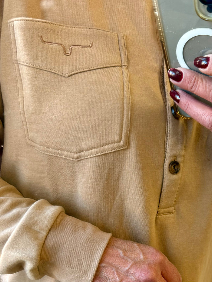 Elouise henley brown shirt chest pocket with stitched flap and buttons