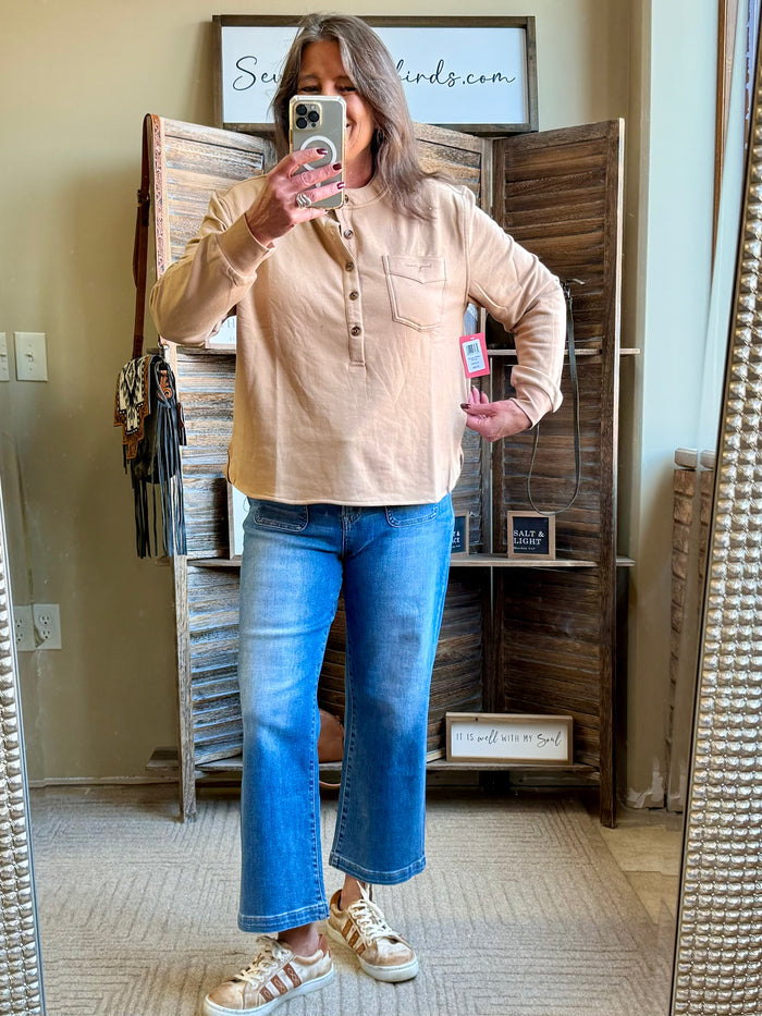 Elouise henley brown shirt, long sleeves, button front, chest pocket
