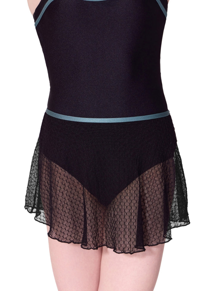 Capezio women's pull-on skirt in black textured mesh with teal waistband.