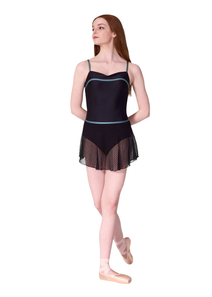 Capezio women's pull-on skirt in black textured mesh with teal waistband.