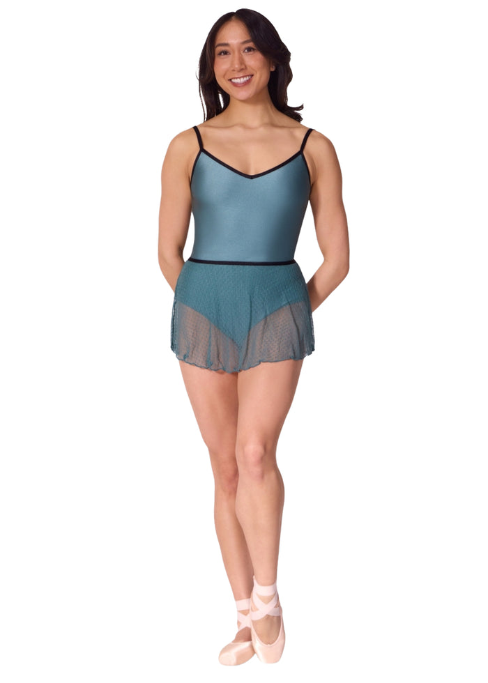 Capezio women's pull-on skirt in blueish green textured mesh with black waistband.