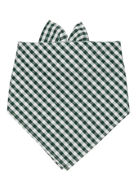 Dog bandana in a forest green plaid print, folded into a triangle with visible tied ends at the top.