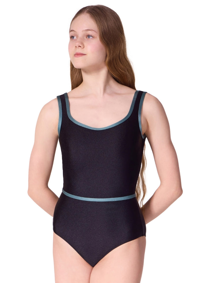 Capezio women's Graceful tank leotard in black with teal binding and waistband.