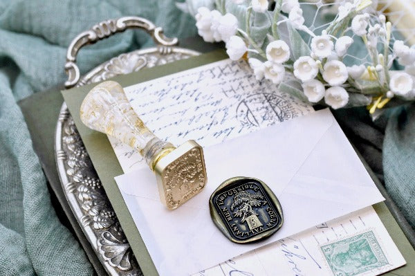 Hand Holding Plant Latin Motto Wax Seal Stamp - Backtozero B20 - antique, botanic, Botanical, courage, goal, hand, latin, latin motto, Plant, possible, Retro, root, rounded rectangle, Signature, signaturehandle