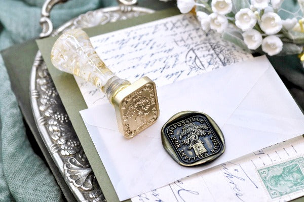 Hand Holding Plant Latin Motto Wax Seal Stamp - Backtozero B20 - antique, botanic, Botanical, courage, goal, hand, latin, latin motto, Plant, possible, Retro, root, rounded rectangle, Signature, signaturehandle
