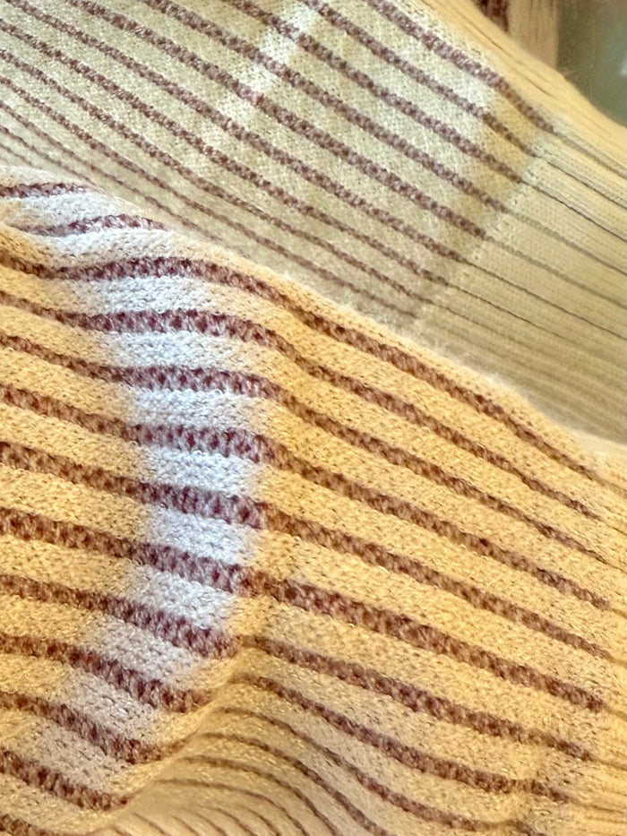 V-neck sweater with horizontal knit stripes in yellow and gray, textured collar ribbing