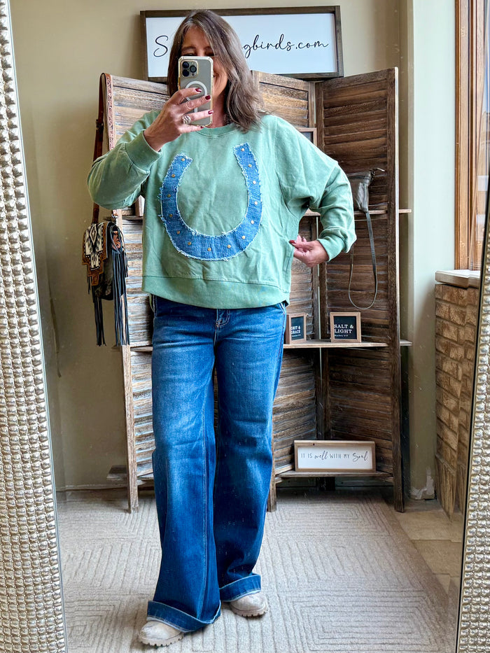 Oversized cotton sweatshirt with blue sequin horseshoe graphic