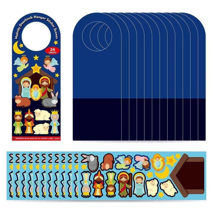 Christmas door stickers arranged as a festive children's scene