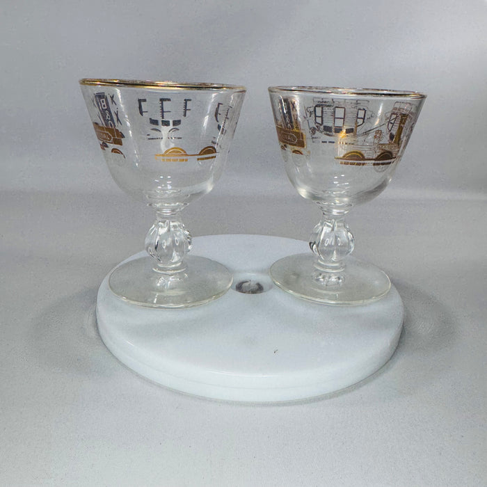 Libbey “American Antiques” B&O Railroad Cordial Glasses — Set of 2 (Gold Train Motif)