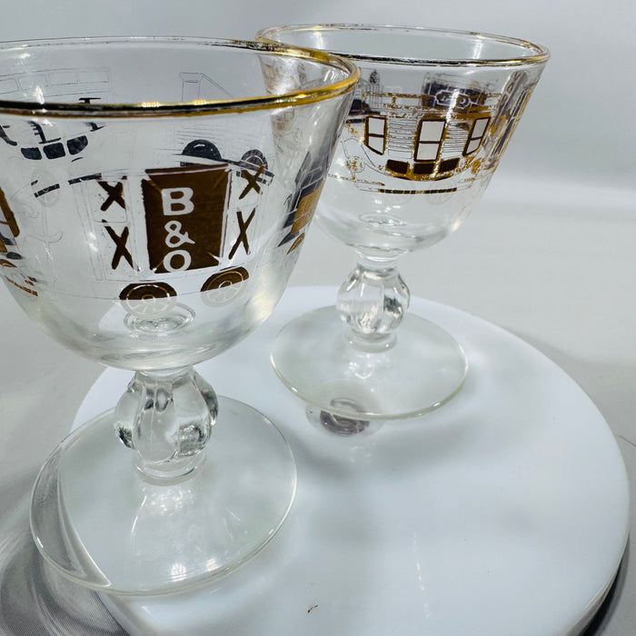 Libbey “American Antiques” B&O Railroad Cordial Glasses — Set of 2 (Gold Train Motif)