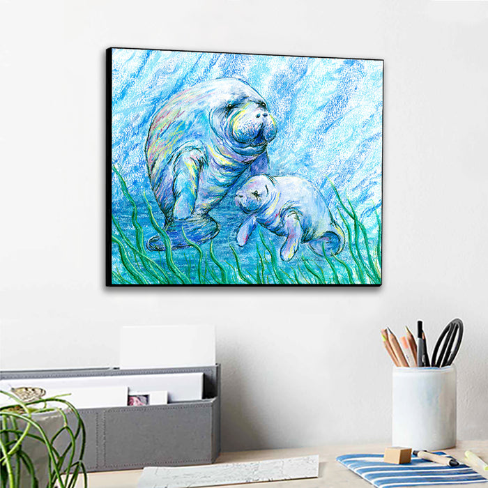 Manatees in Grass Wall Art Panel