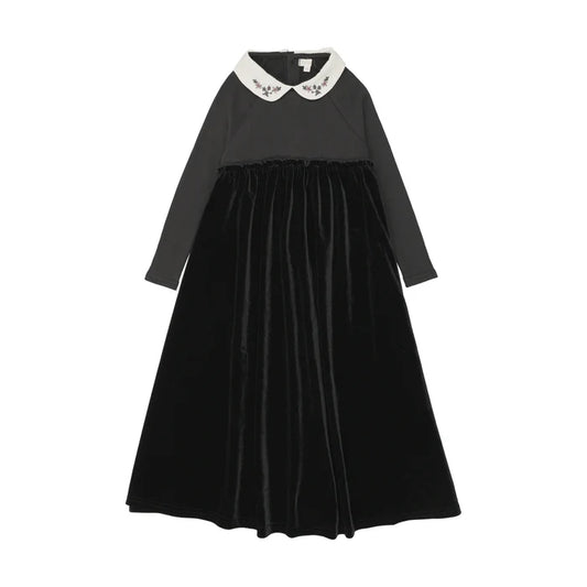 maxi dress embroidered collar velour - black