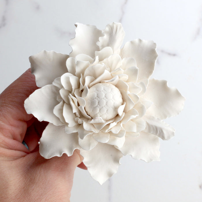 Sugar flower Dahlia handmade from gumpaste, perfect as cake toppers when decorating your own cakes. Fits on fondant and buttercream cakes.  Caljava cake decorations and bakerys supply.