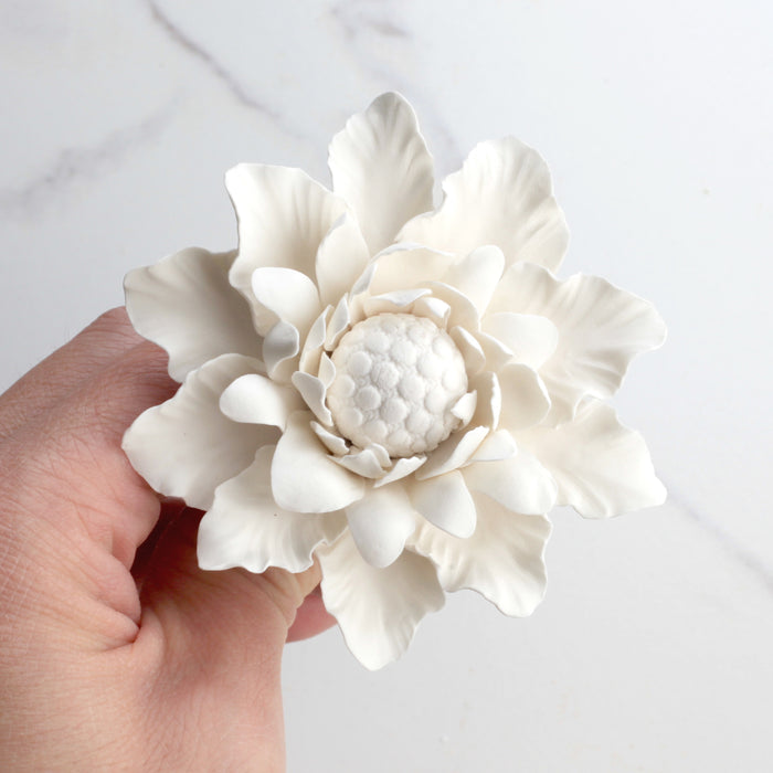 Gumpaste Dahlia Sugarflowers are perfect for cake decorating fondant wedding cakes & cupcakes. Handmade cake toppers from gumpaste/fondant. Wholesale sugarflower. Caljava Bakery Supplies