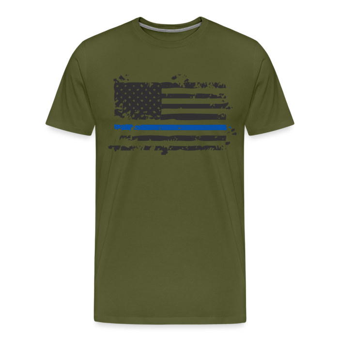 Men's Premium T-Shirt - Distressed Blue Line Flag - olive green