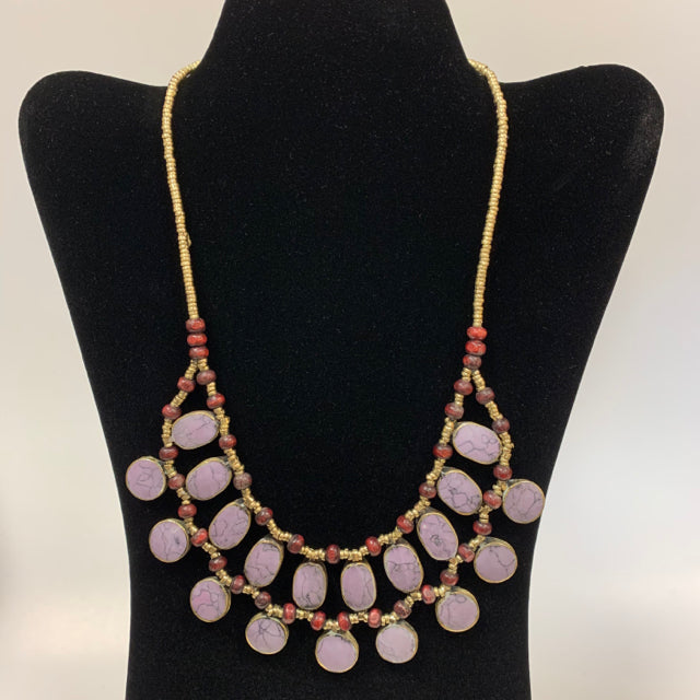 Necklace bib brass wood silver stones 2 layer