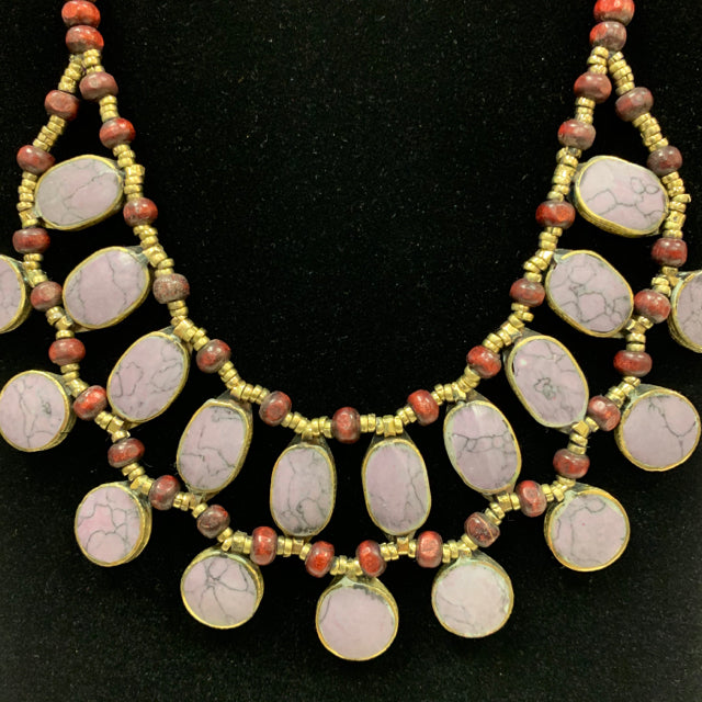 Necklace bib brass wood silver stones 2 layer