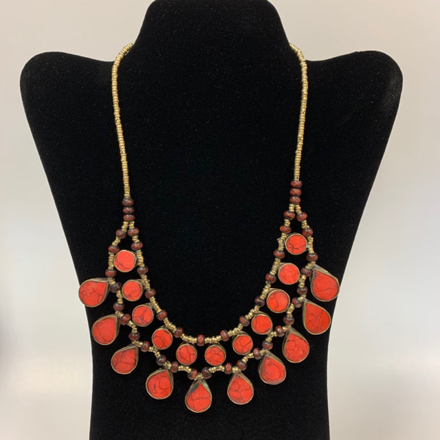 Necklace bib brass wood silver stones 2 layer