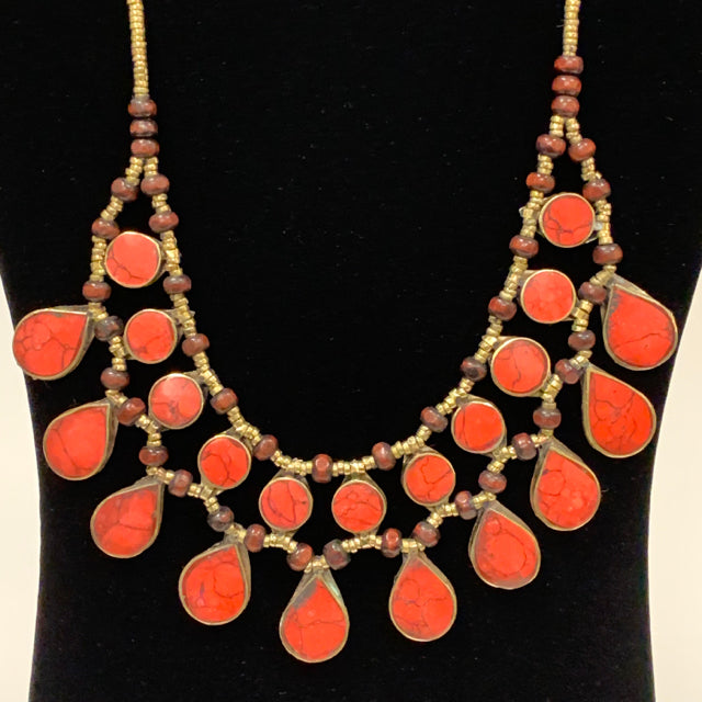 Necklace bib brass wood silver stones 2 layer