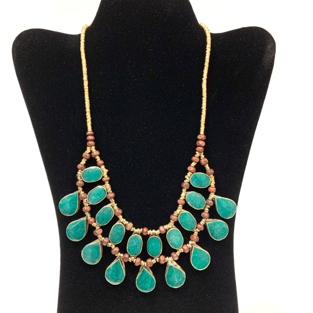 Necklace bib brass wood silver stones 2 layer