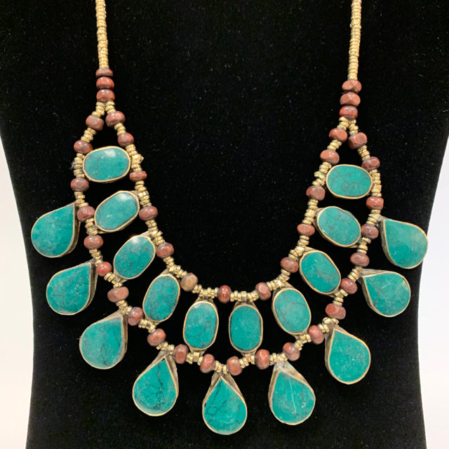 Necklace bib brass wood silver stones 2 layer