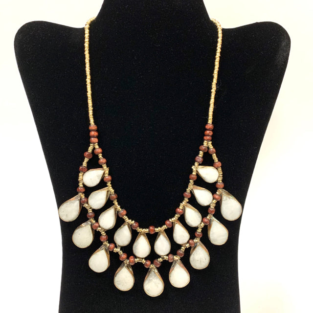 Necklace bib brass wood silver stones 2 layer