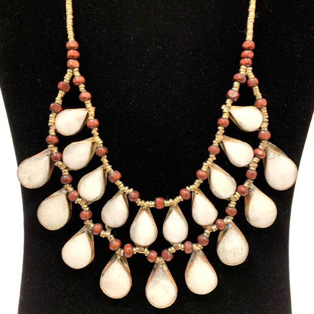 Necklace bib brass wood silver stones 2 layer