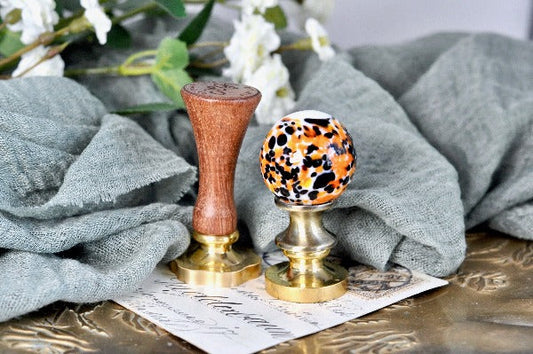 OOAK Glass Ball Wax Seal Handle | Orange & Black on White - Backtozero B20 - ball, Black, Blue, glass, halloween, handle, Orange