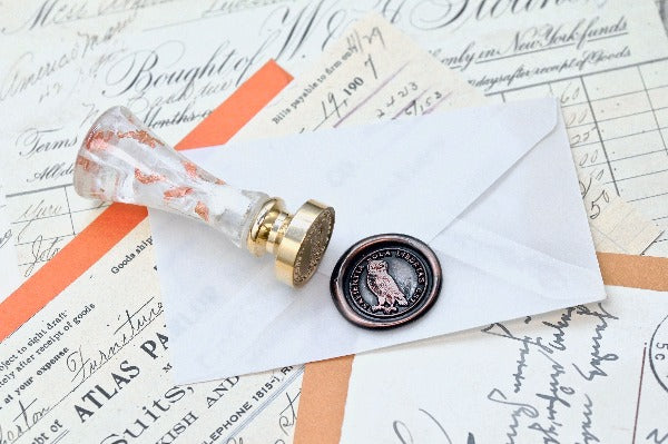 Owl Latin Motto Wax Seal Stamp | S - Backtozero B20 - antique, Bird, freedom, latin, latin motto, Message, Retro, Signature, signaturehandle, wisdom