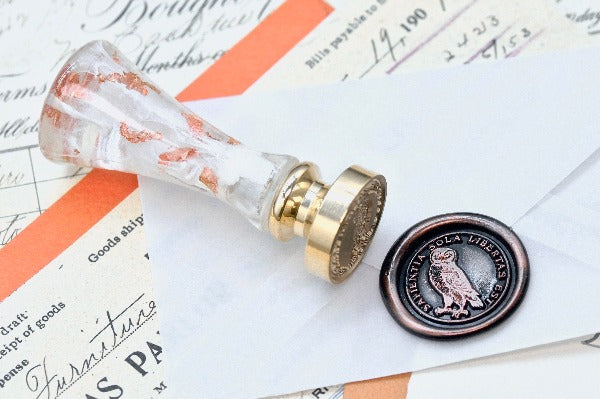 Owl Latin Motto Wax Seal Stamp | S - Backtozero B20 - antique, Bird, freedom, latin, latin motto, Message, Retro, Signature, signaturehandle, wisdom