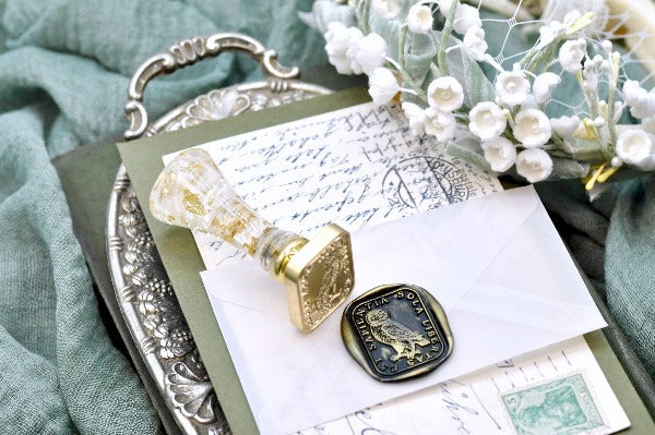 Owl Latin Motto Wax Seal Stamp - Backtozero B20 - antique, Bird, freedom, latin, latin motto, Message, Retro, rounded rectangle, Signature, signaturehandle, wisdom