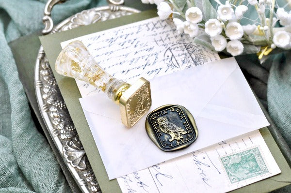 Owl Latin Motto Wax Seal Stamp - Backtozero B20 - antique, Bird, freedom, latin, latin motto, Message, Retro, rounded rectangle, Signature, signaturehandle, wisdom