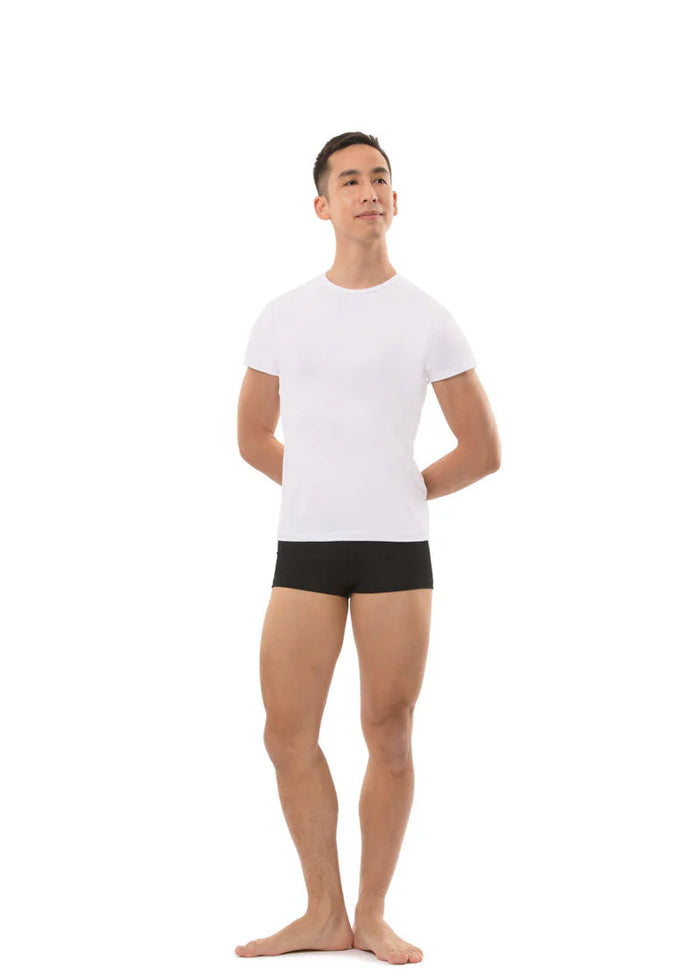 Ballet Rosa Men's Paule Microfiber or Stretch Cotton Crewneck T-Shirt in Blanc White with short sleeves, shown on a male model wearing black shorts
