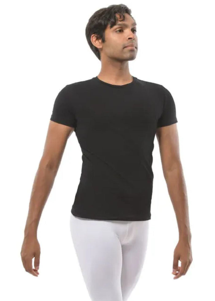 Ballet Rosa Men's Paule Microfiber or Stretch Cotton Crewneck T-Shirt in Noir Black with short sleeves, shown on a male model wearing white tights