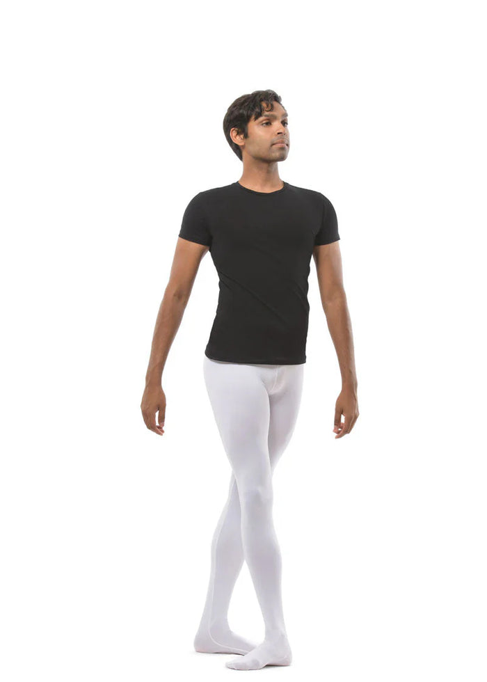 Ballet Rosa Men's Paule Microfiber Crewneck T-Shirt in Noir Black with short sleeves, shown on a male model wearing white tights