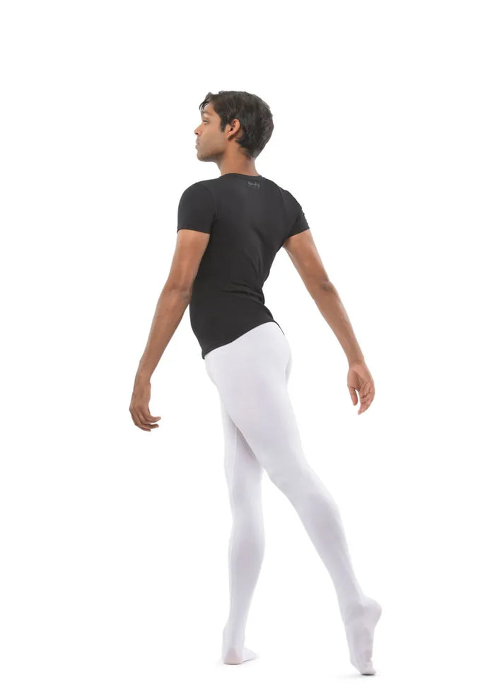 Ballet Rosa Men's Paule Microfiber Crewneck T-Shirt in Noir Black with short sleeves, shown on a male model wearing white tights