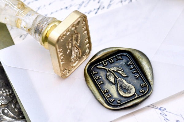 Pear Latin Motto Wax Seal Stamp - Backtozero B20 - antique, antique-style, Botanical, Fruit, hope, latin, latin motto, life, Message, pear, Persevere, Retro, rounded rectangle, Signature, signaturehandle