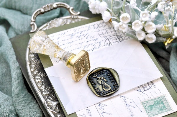 Pear Latin Motto Wax Seal Stamp - Backtozero B20 - antique, antique-style, Botanical, Fruit, hope, latin, latin motto, life, Message, pear, Persevere, Retro, rounded rectangle, Signature, signaturehandle