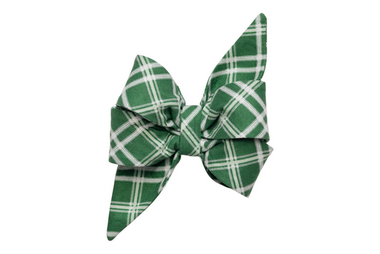 Stylish green plaid belle bow, designed with full structured loops and elongated pointed ends, gathered neatly at the center for a polished finish.