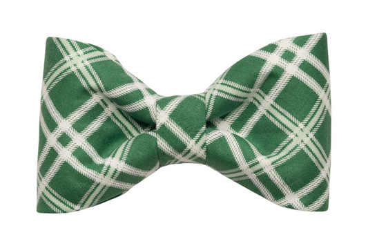 Classic pet bow tie in green with intersecting plaid lines, crafted from smooth fabric and styled with balanced folds on each side.