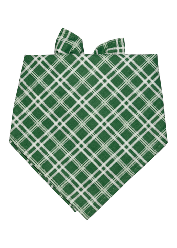 Stylish green fabric bandana for dogs, decorated with intersecting plaid lines, folded in a pointed triangle shape with a knotted tie closure.