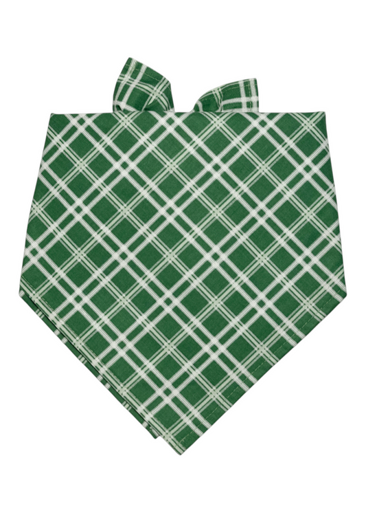 Stylish green fabric bandana for dogs, decorated with intersecting plaid lines, folded in a pointed triangle shape with a knotted tie closure.