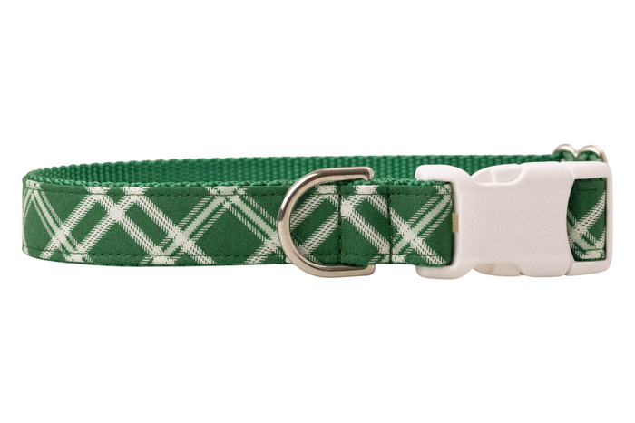 Stylish pet collar in green with intersecting white plaid lines, crafted with durable nylon backing and finished with a plastic buckle and metal hardware including a leash ring.