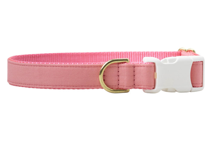 Minimalist pink dog collar with a soft woven texture, plastic buckle, and sturdy  D-ring. The collar has clean stitching and an adjustable strap, designed for both comfort and functionality.