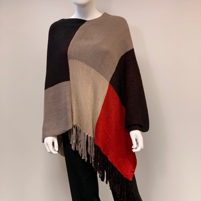 Prajnic Size One Fits All Black-Gray Color Block Poncho-Cape