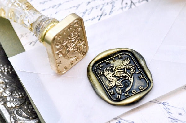 Rose Latin Motto Wax Seal Stamp - Backtozero B20 - antique, Flower, good, latin, latin motto, life, Message, positivity, Retro, rose, rounded rectangle, Signature, signaturehandle