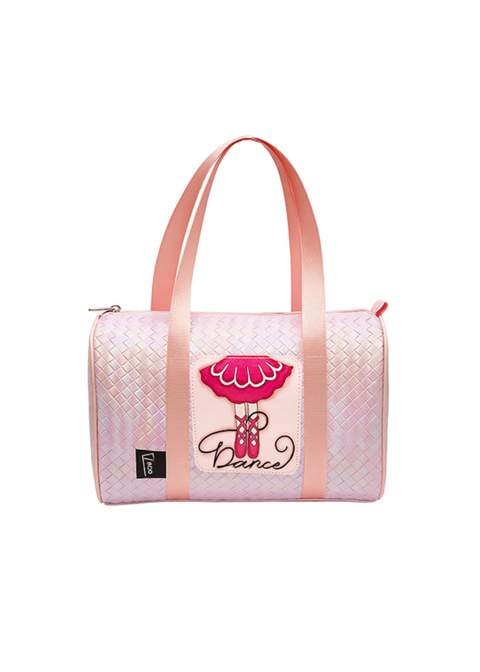 Dasha duffel bag in textured metallic pink with "Dance" in cursive and tutu decoration, with double handles and zipper closure.