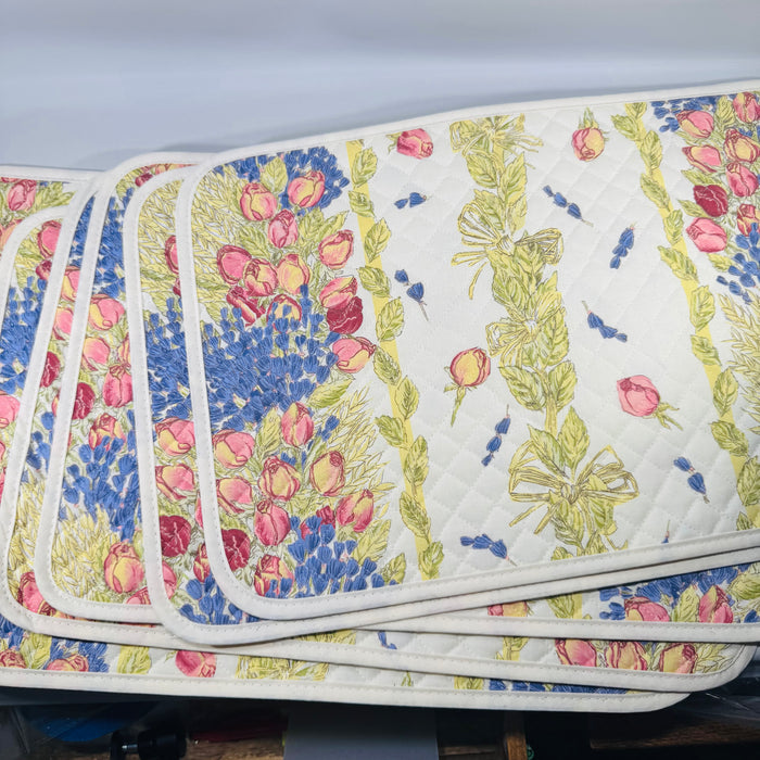 Set of 6 Tissus Toselli Placemats 17x11 Made in France | Quilted Cotton Rose Lavande Floral Provencal | Roses & Lavender Cottage Table Linens