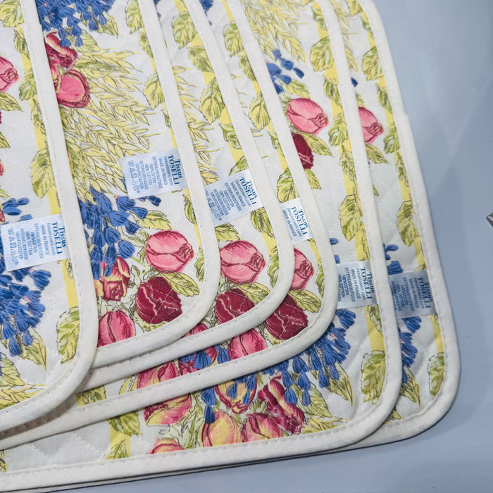 Set of 6 Tissus Toselli Placemats 17x11 Made in France | Quilted Cotton Rose Lavande Floral Provencal | Roses & Lavender Cottage Table Linens