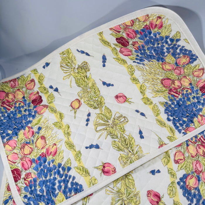 Set of 6 Tissus Toselli Placemats 17x11 Made in France | Quilted Cotton Rose Lavande Floral Provencal | Roses & Lavender Cottage Table Linens